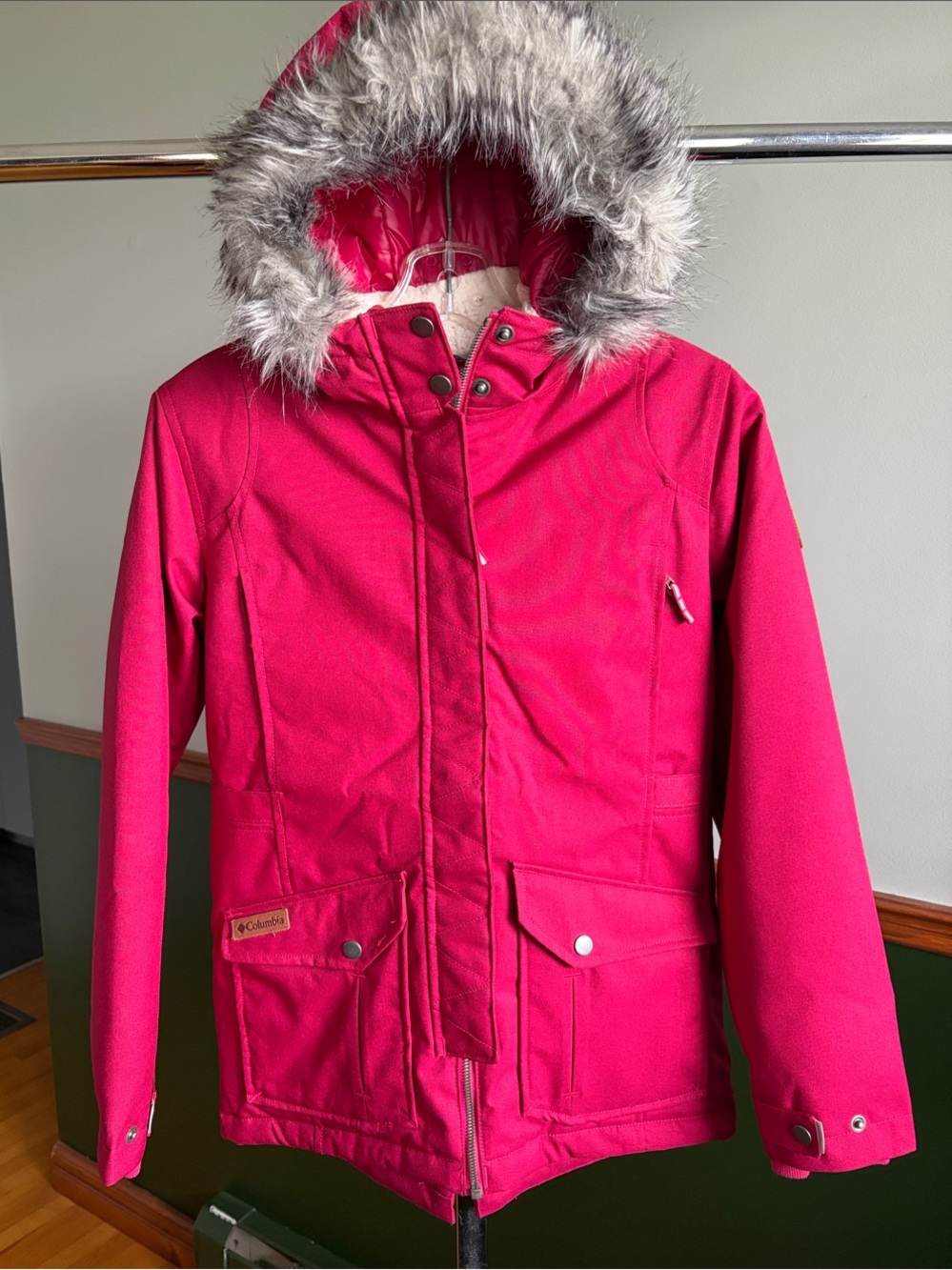 Columbia Girls' Bright Rasberry Pink Hooded Puffer Jacket with Faux-Fur Trim
